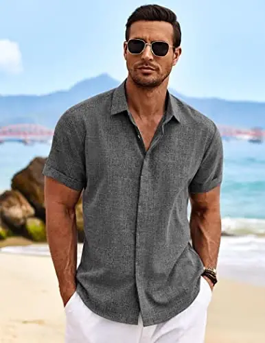 COOFANDY Mens Button Down Shirts Short Sleeve Casual Summer Beach Shirts for Men Vacation Wedding Linen Shirt 