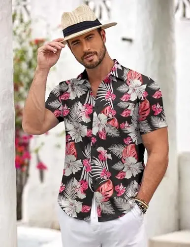 COOFANDY Mens Button Down Short Sleeve Shirt Casual Shirts Summer Beach Textured Shirts with Pocket - 5