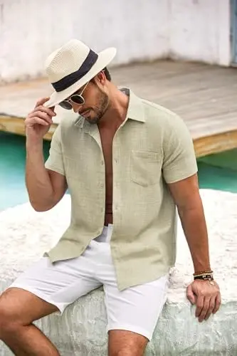 COOFANDY Mens Button Down Short Sleeve Shirt Casual Shirts Summer Beach Textured Shirts with Pocket - COOFANDY (1)