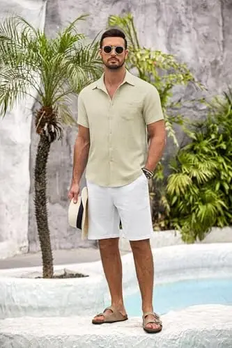 COOFANDY Mens Button Down Short Sleeve Shirt Casual Shirts Summer Beach Textured Shirts with Pocket - 3