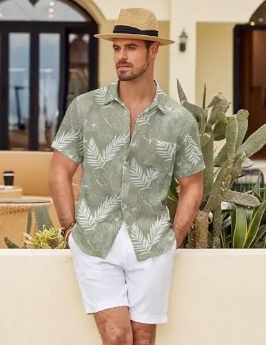 COOFANDY Mens Button Down Short Sleeve Shirt Casual Shirts Summer Beach Textured Shirts with Pocket - 3