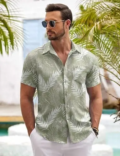 COOFANDY Mens Button Down Short Sleeve Shirt Casual Shirts Summer Beach Textured Shirts with Pocket - 4