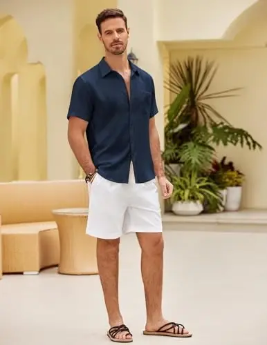 COOFANDY Mens Button Down Short Sleeve Shirt Casual Shirts Summer Beach Textured Shirts with Pocket - 3