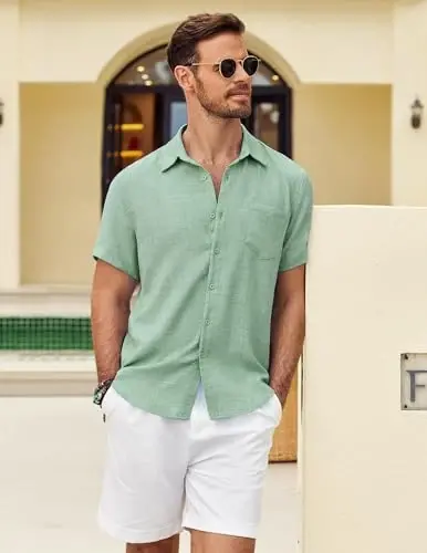 COOFANDY Mens Button Down Short Sleeve Shirt Casual Shirts Summer Beach Textured Shirts with Pocket - 3