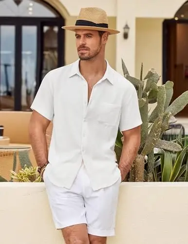 COOFANDY Mens Button Down Short Sleeve Shirt Casual Shirts Summer Beach Textured Shirts with Pocket - 3