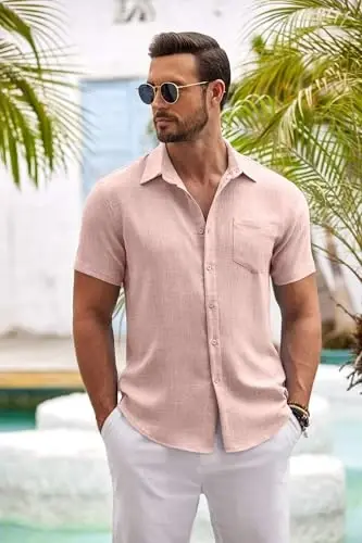 COOFANDY Mens Button Down Short Sleeve Shirt Casual Shirts Summer Beach Textured Shirts with Pocket - 3