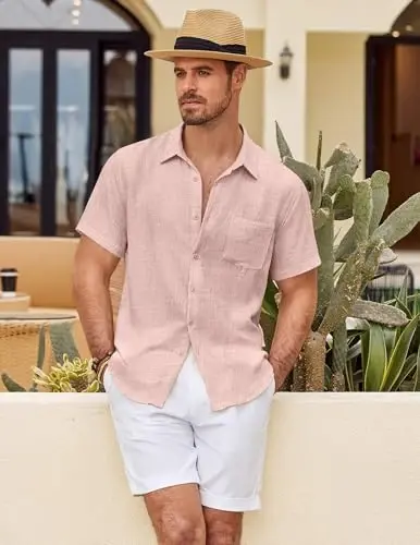 COOFANDY Mens Button Down Short Sleeve Shirt Casual Shirts Summer Beach Textured Shirts with Pocket - 4