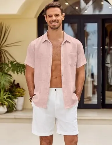 COOFANDY Mens Button Down Short Sleeve Shirt Casual Shirts Summer Beach Textured Shirts with Pocket - 5