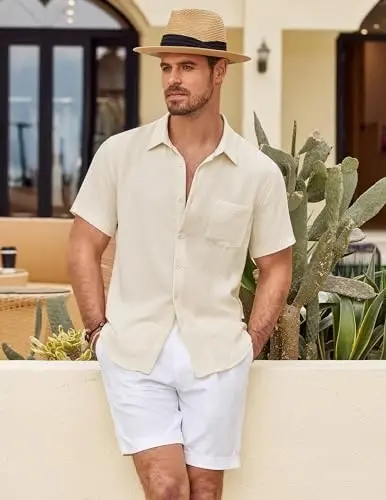 COOFANDY Mens Button Down Short Sleeve Shirt Casual Shirts Summer Beach Textured Shirts with Pocket - 2
