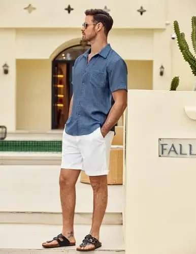 COOFANDY Mens Button Down Short Sleeve Shirt Casual Shirts Summer Beach Textured Shirts with Pocket - 3