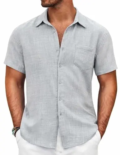 COOFANDY Mens Button Down Short Sleeve Shirt Casual Shirts Summer Beach Textured Shirts with Pocket - 1