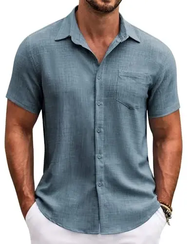 COOFANDY Mens Button Down Short Sleeve Shirt Casual Shirts Summer Beach Textured Shirts with Pocket - 1