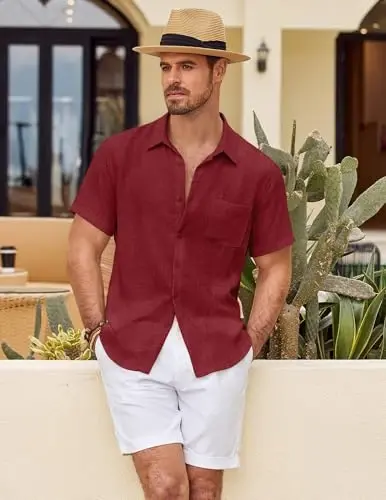 COOFANDY Mens Button Down Short Sleeve Shirt Casual Shirts Summer Beach Textured Shirts with Pocket - 2