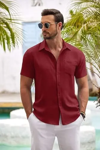 COOFANDY Mens Button Down Short Sleeve Shirt Casual Shirts Summer Beach Textured Shirts with Pocket - 5