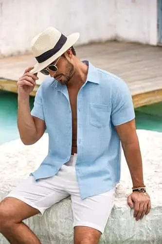 COOFANDY Mens Button Down Short Sleeve Shirt Casual Shirts Summer Beach Textured Shirts with Pocket - 2