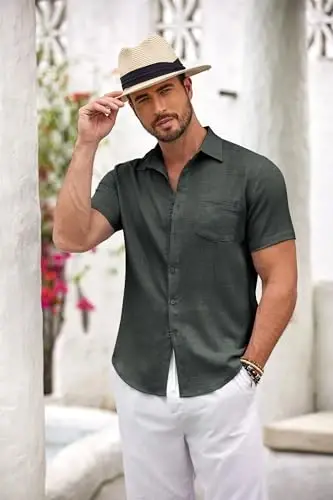 COOFANDY Mens Button Down Short Sleeve Shirt Casual Shirts Summer Beach Textured Shirts with Pocket - 4