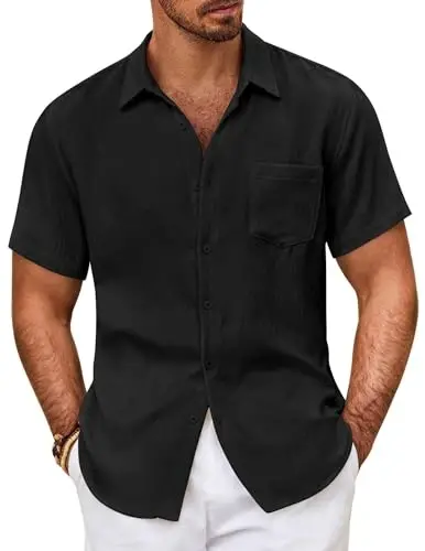 COOFANDY Mens Button Down Short Sleeve Shirt Casual Shirts Summer Beach Textured Shirts with Pocket - 1
