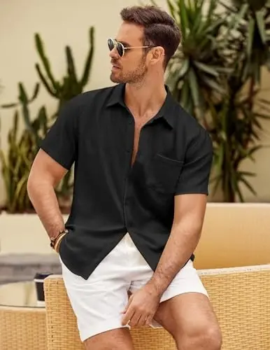COOFANDY Mens Button Down Short Sleeve Shirt Casual Shirts Summer Beach Textured Shirts with Pocket - 2