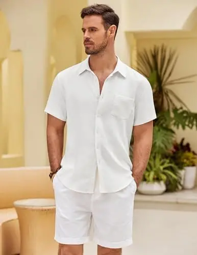 COOFANDY Mens Button Down Short Sleeve Shirt Casual Shirts Summer Beach Textured Shirts with Pocket - 2