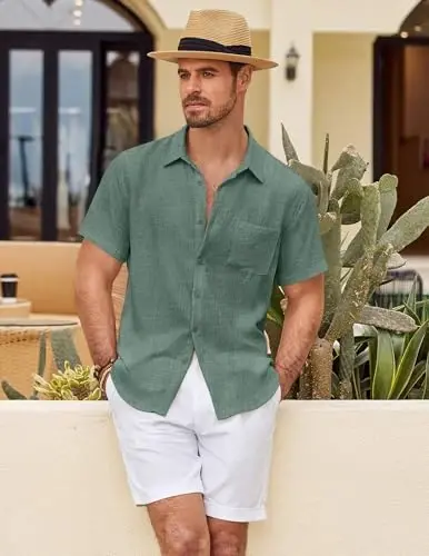 COOFANDY Mens Button Down Short Sleeve Shirt Casual Shirts Summer Beach Textured Shirts with Pocket - 4