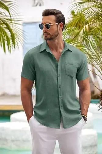COOFANDY Mens Button Down Short Sleeve Shirt Casual Shirts Summer Beach Textured Shirts with Pocket - 5