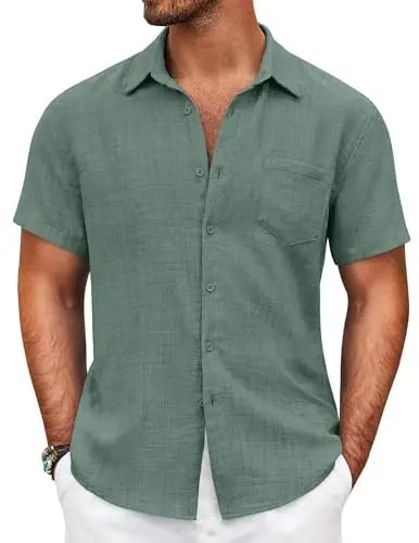 COOFANDY Mens Button Down Short Sleeve Shirt Casual Shirts Summer Beach Textured Shirts with Pocket - 1