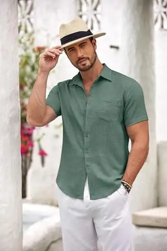 COOFANDY Mens Button Down Short Sleeve Shirt Casual Shirts Summer Beach Textured Shirts with Pocket - COOFANDY (1)