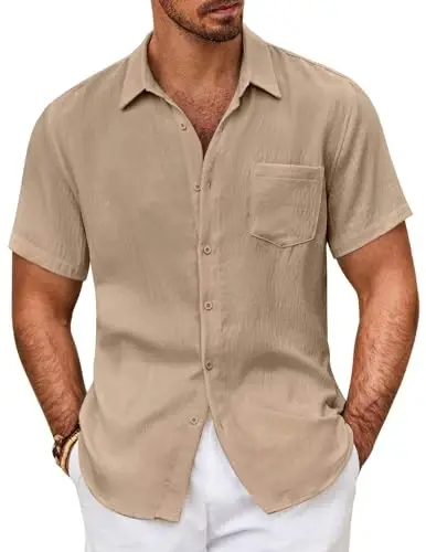 COOFANDY Mens Button Down Short Sleeve Shirt Casual Shirts Summer Beach Textured Shirts with Pocket - 1