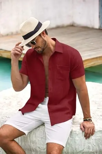 COOFANDY Mens Button Down Short Sleeve Shirt Casual Shirts Summer Beach Textured Shirts with Pocket - 5