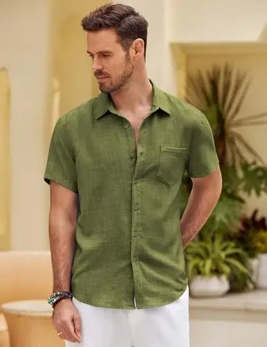 COOFANDY Mens Button Down Short Sleeve Shirt Casual Shirts Summer Beach Textured Shirts with Pocket - COOFANDY (1)