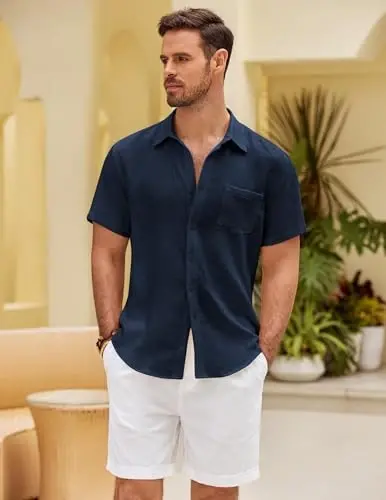 COOFANDY Mens Button Down Short Sleeve Shirt Casual Shirts Summer Beach Textured Shirts with Pocket - 2