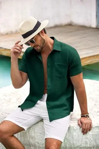 COOFANDY Mens Button Down Short Sleeve Shirt Casual Shirts Summer Beach Textured Shirts with Pocket - 2