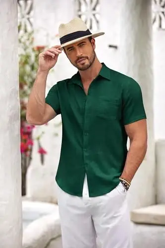 COOFANDY Mens Button Down Short Sleeve Shirt Casual Shirts Summer Beach Textured Shirts with Pocket - 5
