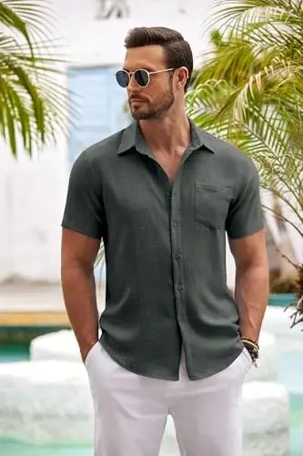 COOFANDY Mens Button Down Short Sleeve Shirt Casual Shirts Summer Beach Textured Shirts with Pocket - 5