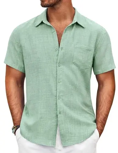 COOFANDY Mens Button Down Short Sleeve Shirt Casual Shirts Summer Beach Textured Shirts with Pocket - 1