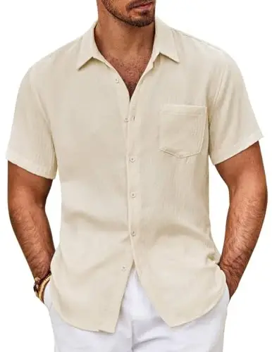 COOFANDY Mens Button Down Short Sleeve Shirt Casual Shirts Summer Beach Textured Shirts with Pocket - 1