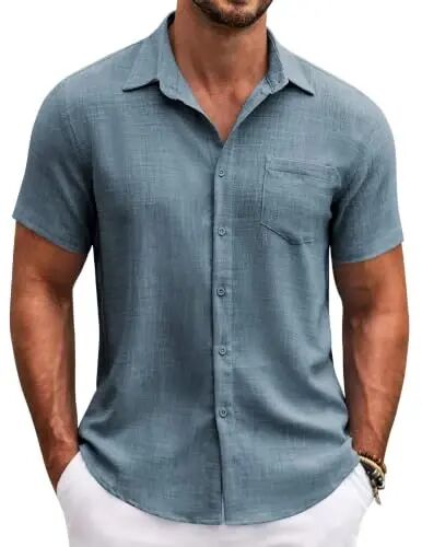 COOFANDY Mens Button Down Short Sleeve Shirt Casual Shirts Summer Beach Textured Shirts with Pocket - COOFANDY