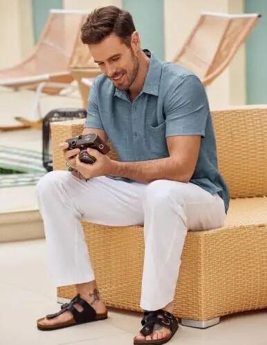 COOFANDY Mens Button Down Short Sleeve Shirt Casual Shirts Summer Beach Textured Shirts with Pocket - COOFANDY (1)
