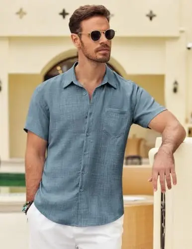 COOFANDY Mens Button Down Short Sleeve Shirt Casual Shirts Summer Beach Textured Shirts with Pocket - 3