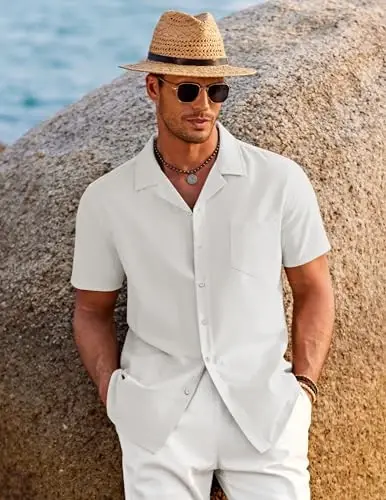 COOFANDY Men's Casual Button Down Shirts Short Sleeve Linen Beach Shirt Cuban Vacation Textured Shirts with Pocket - 4