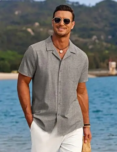 COOFANDY Men's Casual Button Down Shirts Short Sleeve Summer Beach Shirt Cuban Vacation Textured Shirts with Pocket - 3