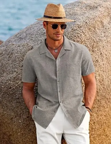 COOFANDY Men's Casual Button Down Shirts Short Sleeve Summer Beach Shirt Cuban Vacation Textured Shirts with Pocket - 4