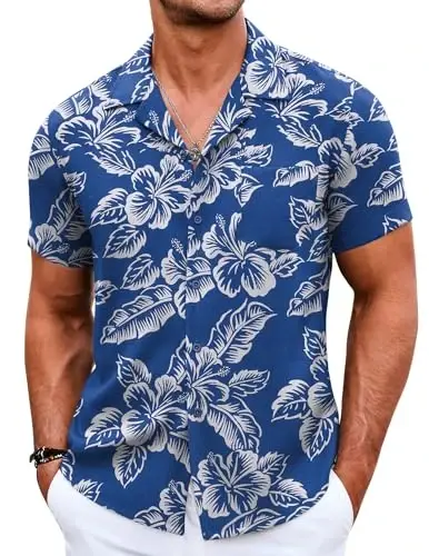 COOFANDY Men's Casual Button Down Shirts Short Sleeve Summer Beach Shirt Cuban Vacation Textured Shirts with Pocket 