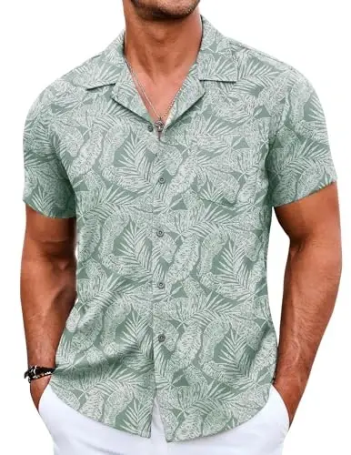 COOFANDY Men's Casual Button Down Shirts Short Sleeve Summer Beach Shirt Cuban Vacation Textured Shirts with Pocket - 1