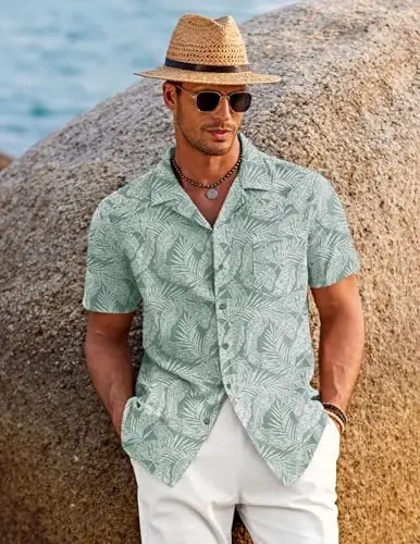 COOFANDY Men's Casual Button Down Shirts Short Sleeve Summer Beach Shirt Cuban Vacation Textured Shirts with Pocket - 2