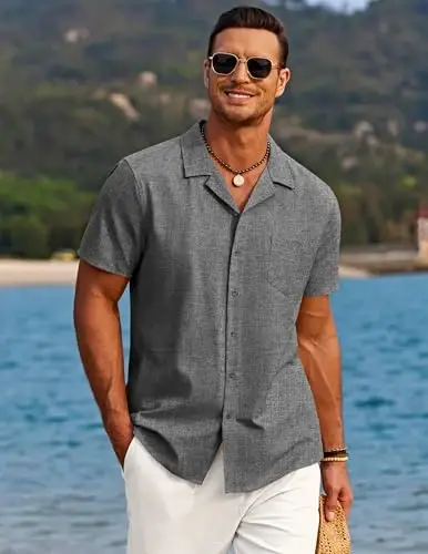 COOFANDY Men's Casual Button Down Shirts Short Sleeve Summer Beach Shirt Cuban Vacation Textured Shirts with Pocket - 2