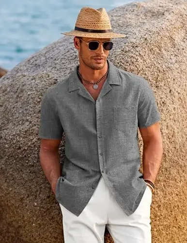 COOFANDY Men's Casual Button Down Shirts Short Sleeve Summer Beach Shirt Cuban Vacation Textured Shirts with Pocket - 4