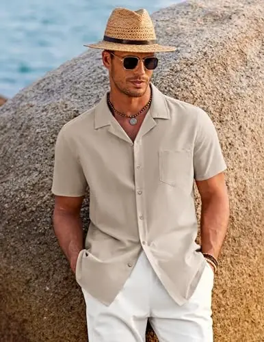 COOFANDY Men's Casual Button Down Shirts Short Sleeve Summer Beach Shirt Cuban Vacation Textured Shirts with Pocket - 4
