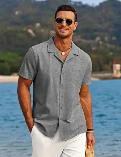 COOFANDY Men's Casual Button Down Shirts Short Sleeve Summer Beach Shirt Cuban Vacation Textured Shirts with Pocket - 3