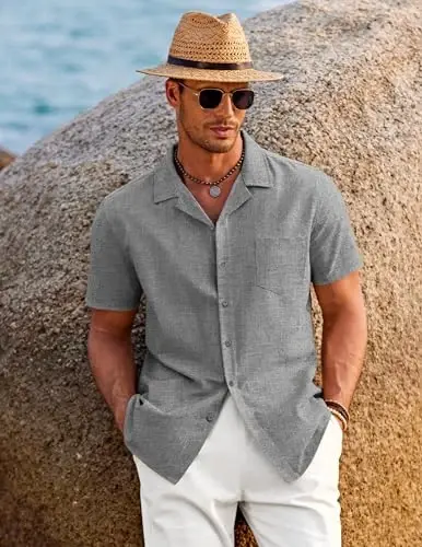 COOFANDY Men's Casual Button Down Shirts Short Sleeve Summer Beach Shirt Cuban Vacation Textured Shirts with Pocket - 4